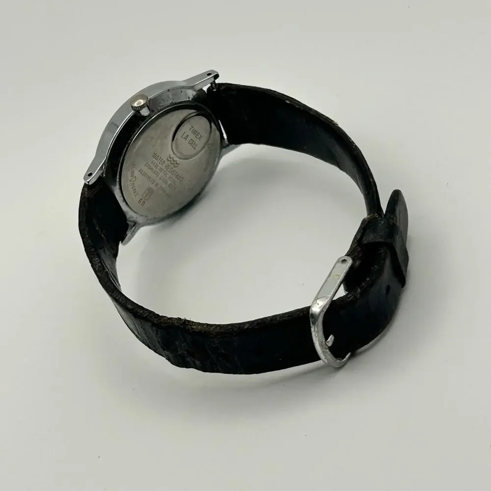 Vintage Timex Silver-tone Black Leather Strap Quartz Watch Working New Battery